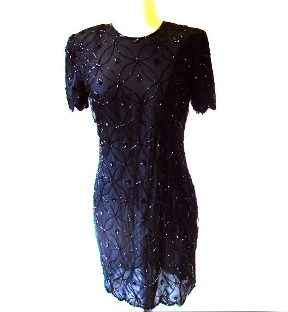 Vintage Black Beaded Dress Silk Sequin Dress 80s Black Party | Etsy