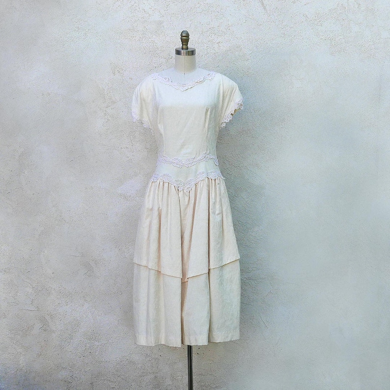 1980s Tea Length Cotton Ivory Drop Waist Wedding Dress image 1