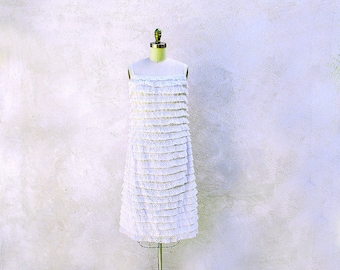White 1960 Dress, Size M, White Lace Shift,  Mod Beach Wedding, VFG