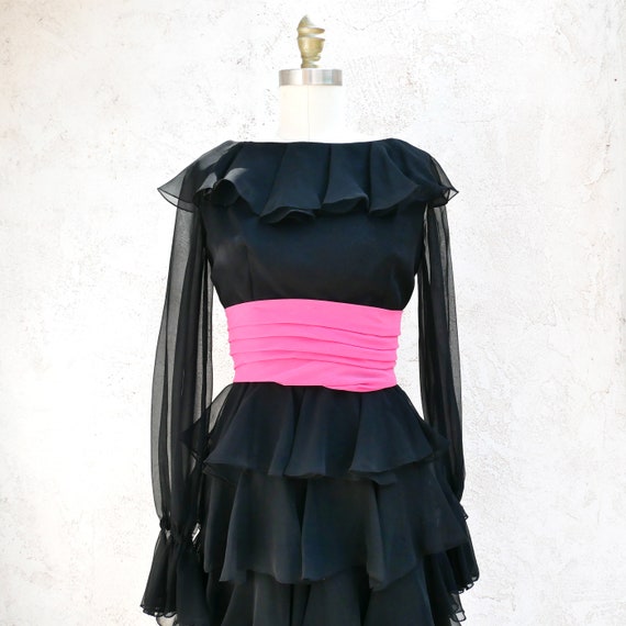 Black Silk Chiffon Dress, 70s Party Dress, Tiered… - image 2