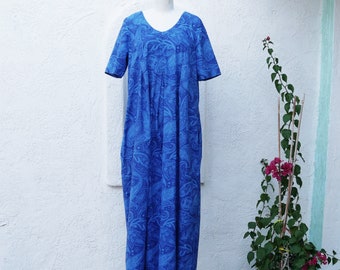 60s Blue Paisley Cotton Maxi Dress