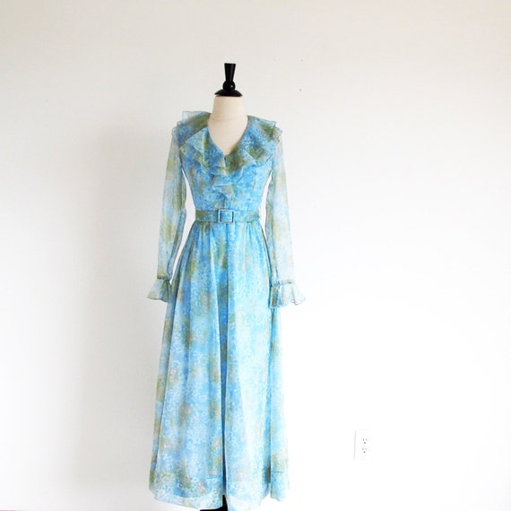 Vintage 60s Boho Maxi, XS, Sheer Water Color Dress