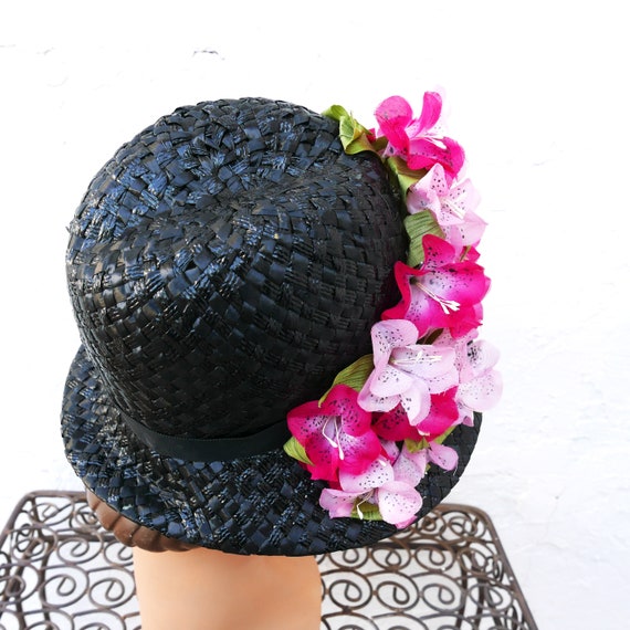 Floral Hat, Vintage 1950s Black Raffia Hat with P… - image 2