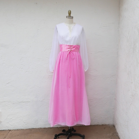 Pink Maxi Dress, 60s PInk Prom, Long Sleeve Formal - image 1