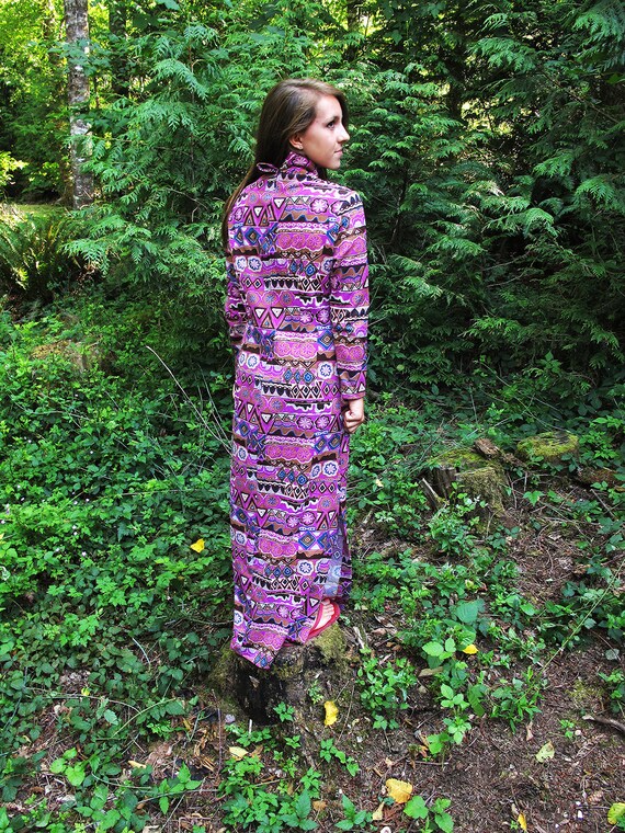 Purple Boho Dress, 70s Maxi Geometric Dress