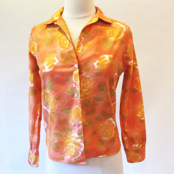 1960s Orange Cotton Blouse, Size S, Long Sleeve B… - image 2