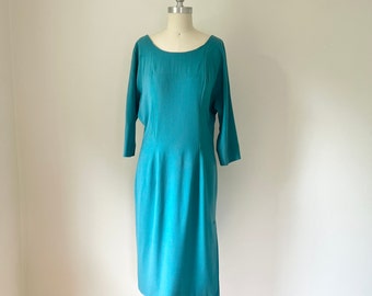 50s Turquoise Wool Dress, Size M, VFG, 50s Designer Dress