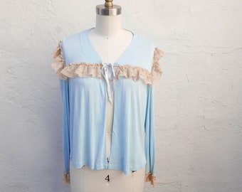 Vintage 1940s Lingerie, Light Blue Bed Jacket with Long Sleeves and Lace Trim