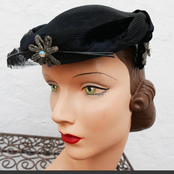 Vintage 50s Black Wool Veiled Hat Rhinestones & Beads Kentucky Derby Fascinator Vintage kentucky derby black - Gem main image 3