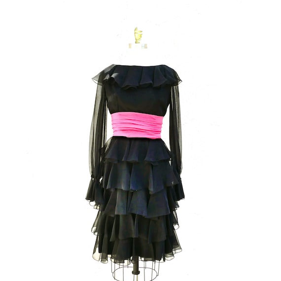 Black Silk Chiffon Dress, 70s Party Dress, Tiered… - image 1