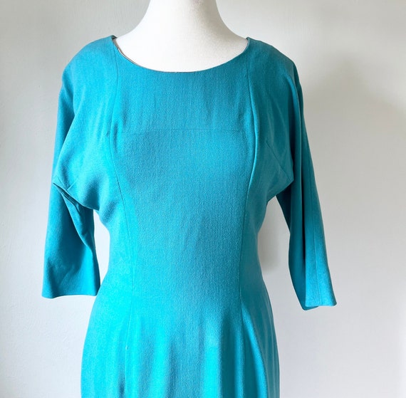 50s Turquoise Wool Dress, Size M, VFG, 50s Design… - image 2