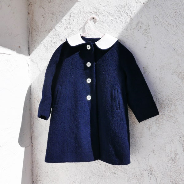 Vintage 1960s Little Girls Coat in Navy Blue Wool with White Buttons