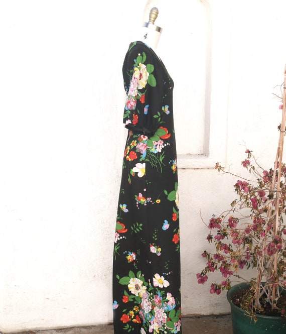 70s Flower Print Maxi, Size Small, Black Boho Dre… - image 5