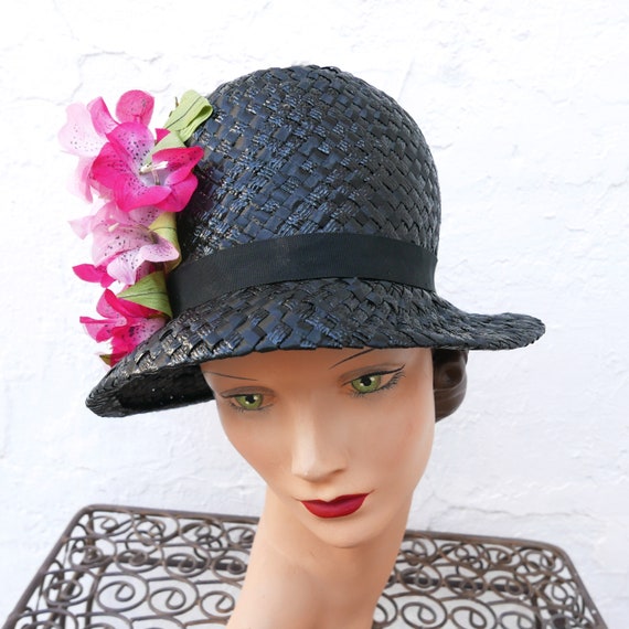 Floral Hat, Vintage 1950s Black Raffia Hat with P… - image 8