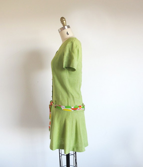 Vintage Green Dress, 60s Mod Drop Waist Mini, VFG - image 5