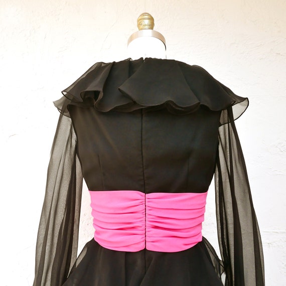 Black Silk Chiffon Dress, 70s Party Dress, Tiered… - image 7