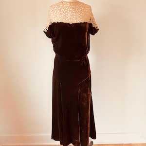 1930s Brown Silk Velvet Dress, Size S, VFG