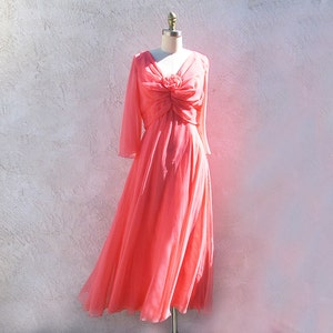 Miss Elliette, 1970s Chiffon Gown, Coral Pink Formal Dress, VFG