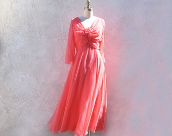 Miss Elliette, 1970s Chiffon Gown, Coral Pink Formal Dress, VFG
