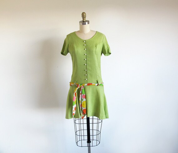 Vintage Green Dress, 60s Mod Drop Waist Mini, VFG - image 1