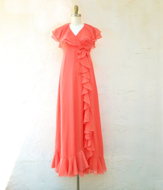 70s Coral Chiffon Gown, Ruffle Trim, Vintage Prom Dress