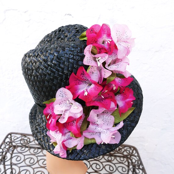 Floral Hat, Vintage 1950s Black Raffia Hat with P… - image 4