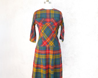 Vintage 1950s Wool Plaid Fit and Flare Dress, Size S