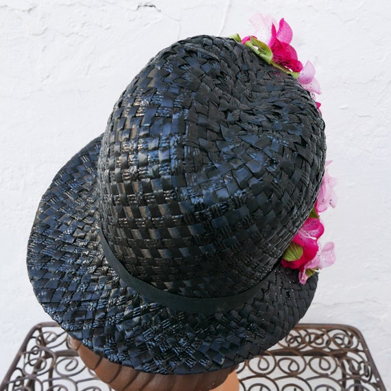 Floral Hat, Vintage 1950s Black Raffia Hat with P… - image 5