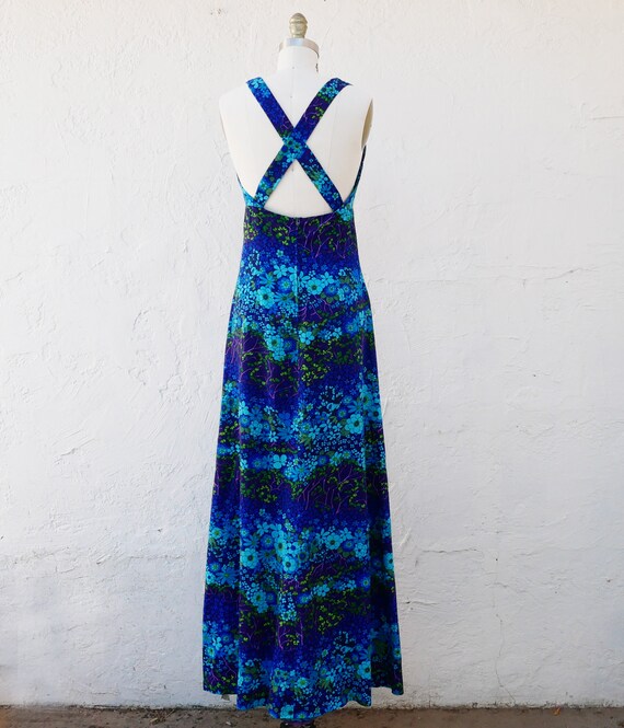70s Floral Dress, Long Blue Boho Dress - image 7