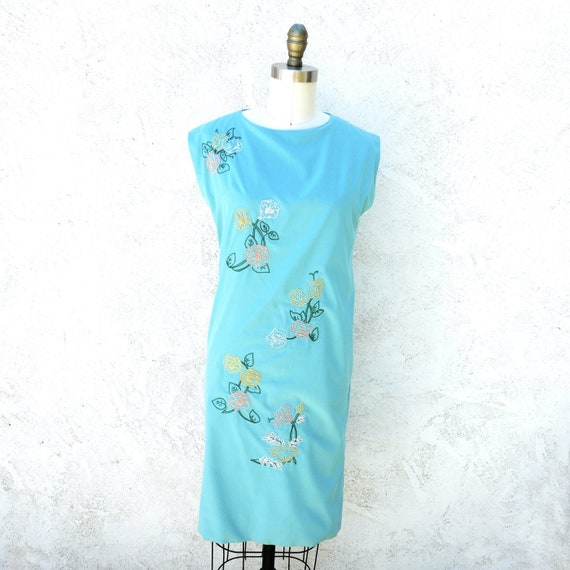 60s Mod Sky Blue Summer Shift Dress with Hand Emb… - image 1