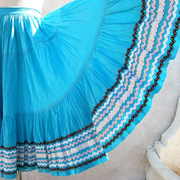 1950's Mexican Full Circle Skirt, XS, Turquoise Fiesta, Patio, Tiered, Rick Rack, Southwest Skirt