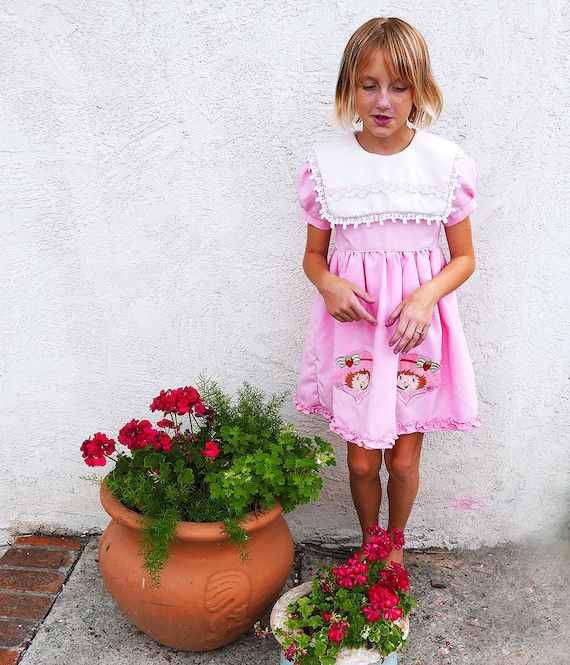 Little Girls Pink 80s Dress, Vintage Strawberry Sh