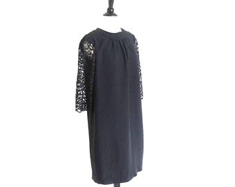 Vintage 60s Sack Dress, Size L, Black Rayon Dress, VFG