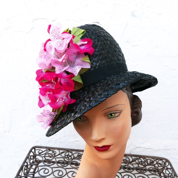 Floral Hat, Vintage 1950s Black Raffia Hat with P… - image 3