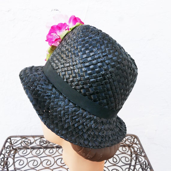 Floral Hat, Vintage 1950s Black Raffia Hat with P… - image 7