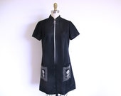 Vintage 60s Black Mod Dress, 1960 Waitress Uniform, Zipper Front Pocket Shift