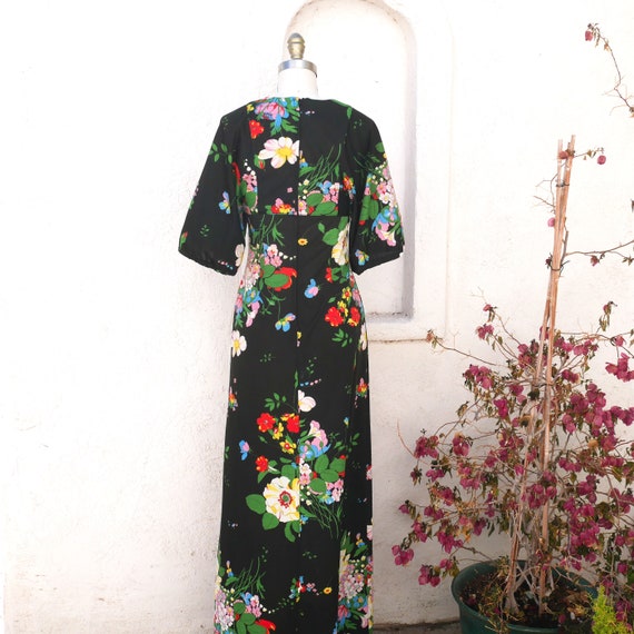 70s Flower Print Maxi, Size Small, Black Boho Dre… - image 7