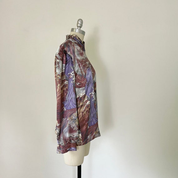 Art Nouveau Shirt, Size L, 70s High Neck Blouse, … - image 3