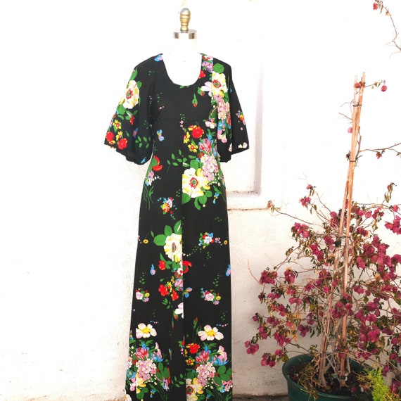 70s Flower Print Maxi, Size Small, Black Boho Dre… - image 2