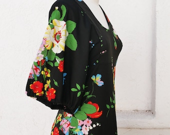 70s Flower Print Maxi, Size Small, Black Boho Dress