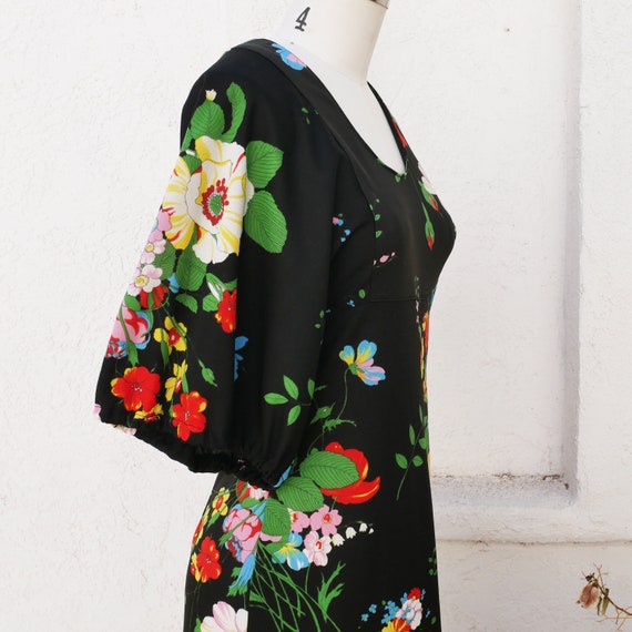 70s Flower Print Maxi, Size Small, Black Boho Dre… - image 1