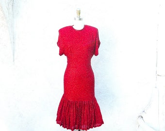 80s Red Silk Dress, XS by Lillie Rubin