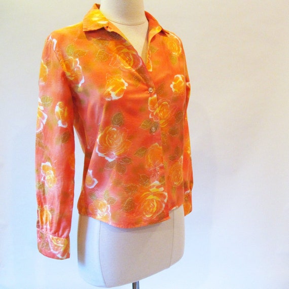 1960s Orange Cotton Blouse, Size S, Long Sleeve B… - image 1