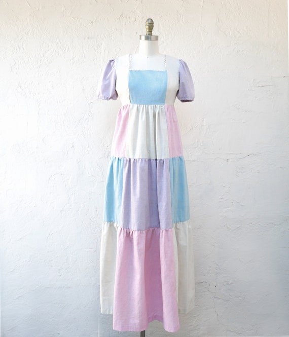 Pastel Patchwork Maxi Dress with Empire Waist