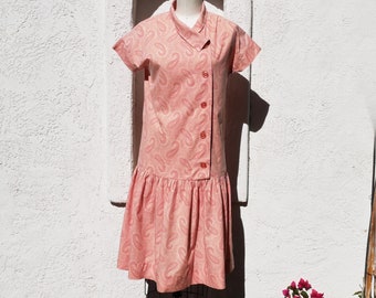 Drop Waist Dress, Size S, 50s Summer Dress, Pink Cotton Dress, Button Front Dress, Low Waist Dress, Paisley Dress