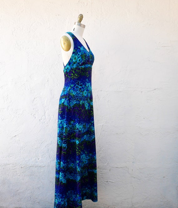 70s Floral Dress, Long Blue Boho Dress - image 3