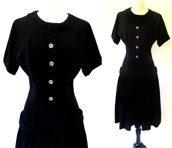 50s Black, Drop Waist, Wool Dress