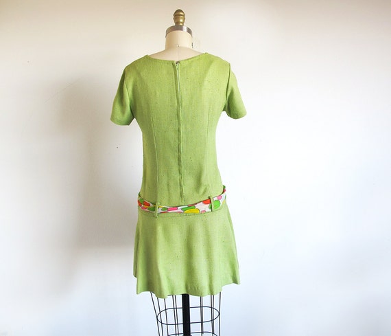 Vintage Green Dress, 60s Mod Drop Waist Mini, VFG - image 4