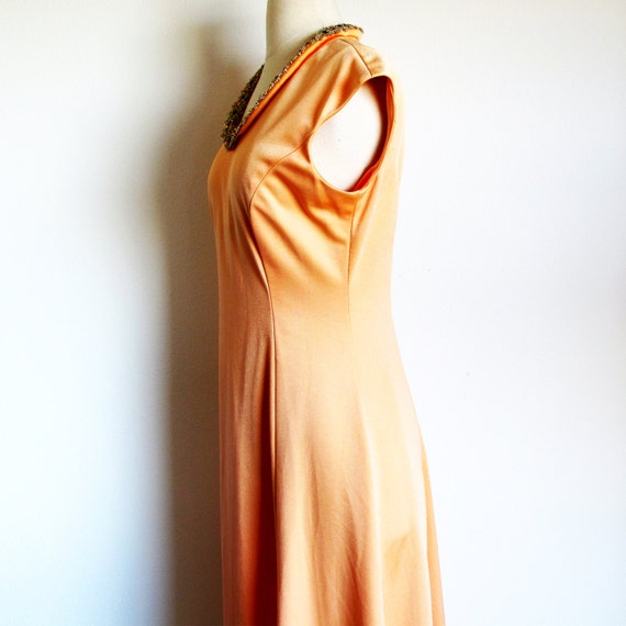70s Sleeveless Orange Gown, Size M, Bias Cut Rhin… - image 5