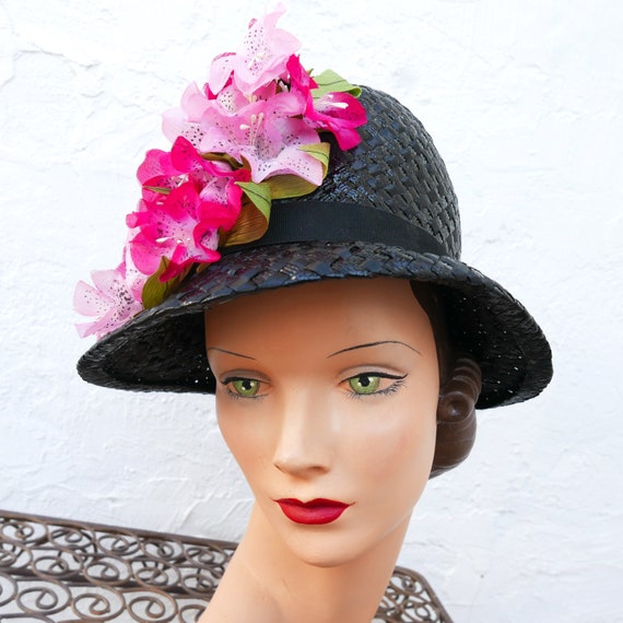 Floral Hat, Vintage 1950s Black Raffia Hat with P… - image 6